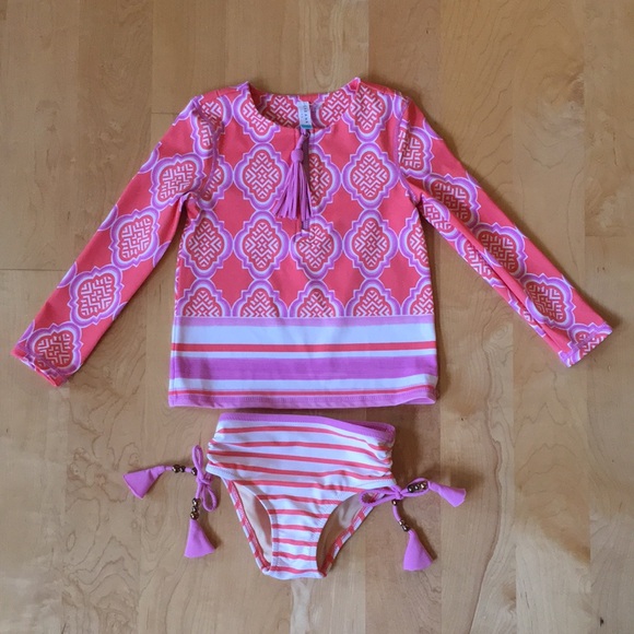 CABANA LIFE | Coral Geo 2-Piece Girls Rashguard Swimsuit - Picture 5 of 16